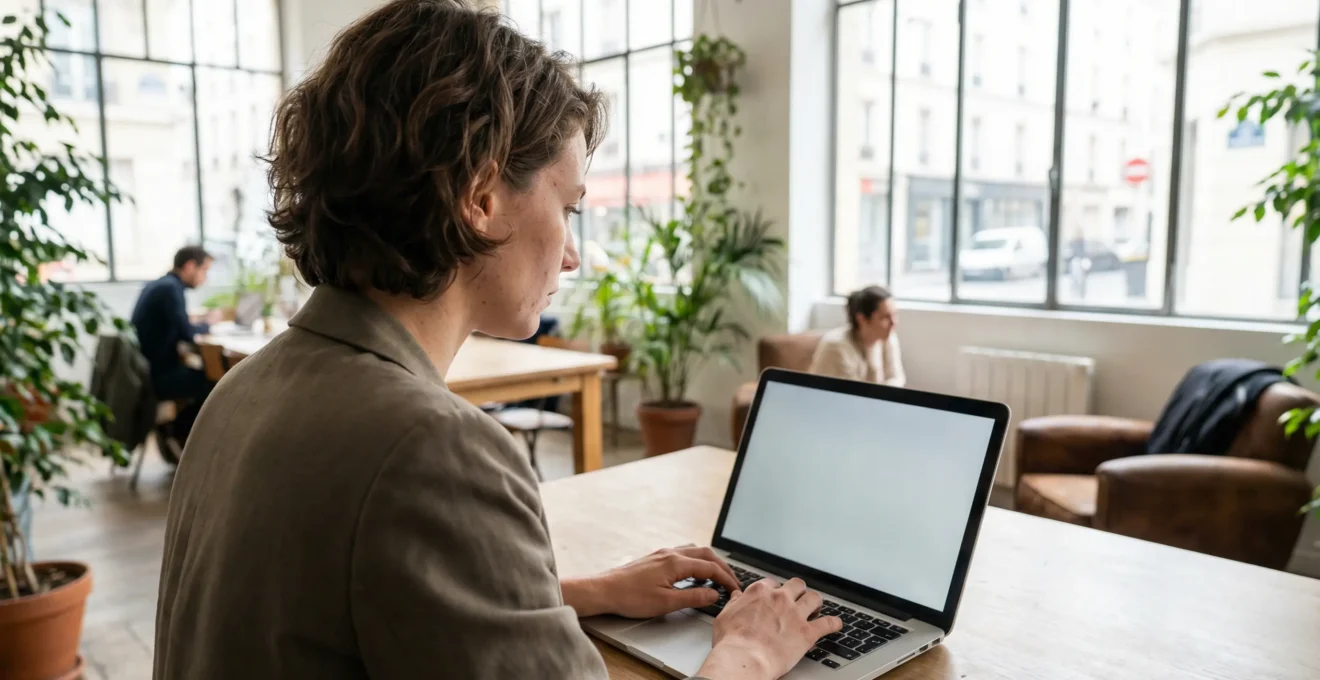 Jeune professionnel français concentré sur ordinateur portable dans espace de coworking moderne