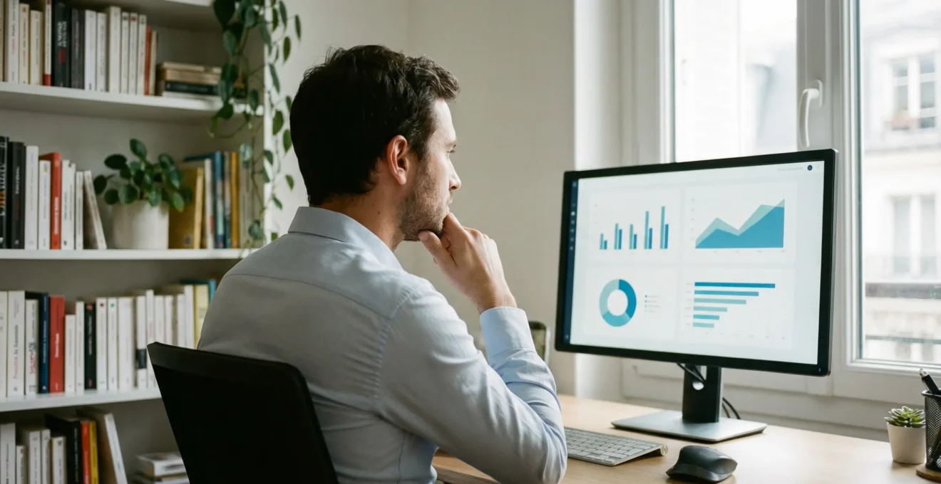 Professionnel français réfléchissant devant écran d'ordinateur avec graphiques, home office moderne