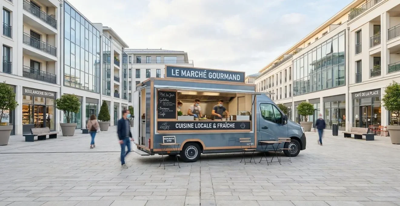 Un camion magasin professionnel stationné sur une place de marché urbaine française, ambiance matinale lumineuse avant l'ouverture