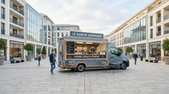 Un camion magasin professionnel stationné sur une place de marché urbaine française, ambiance matinale lumineuse avant l'ouverture