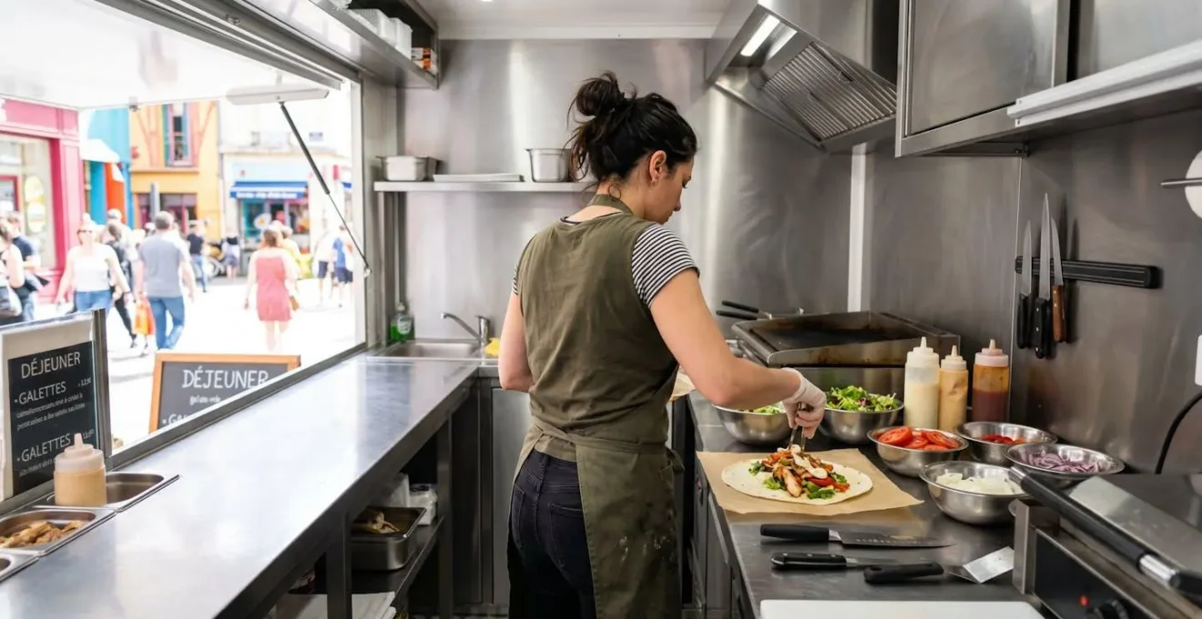 Un commerçant vu de dos ou de profil prépare des produits dans un camion alimentaire équipé d'installations modernes en inox