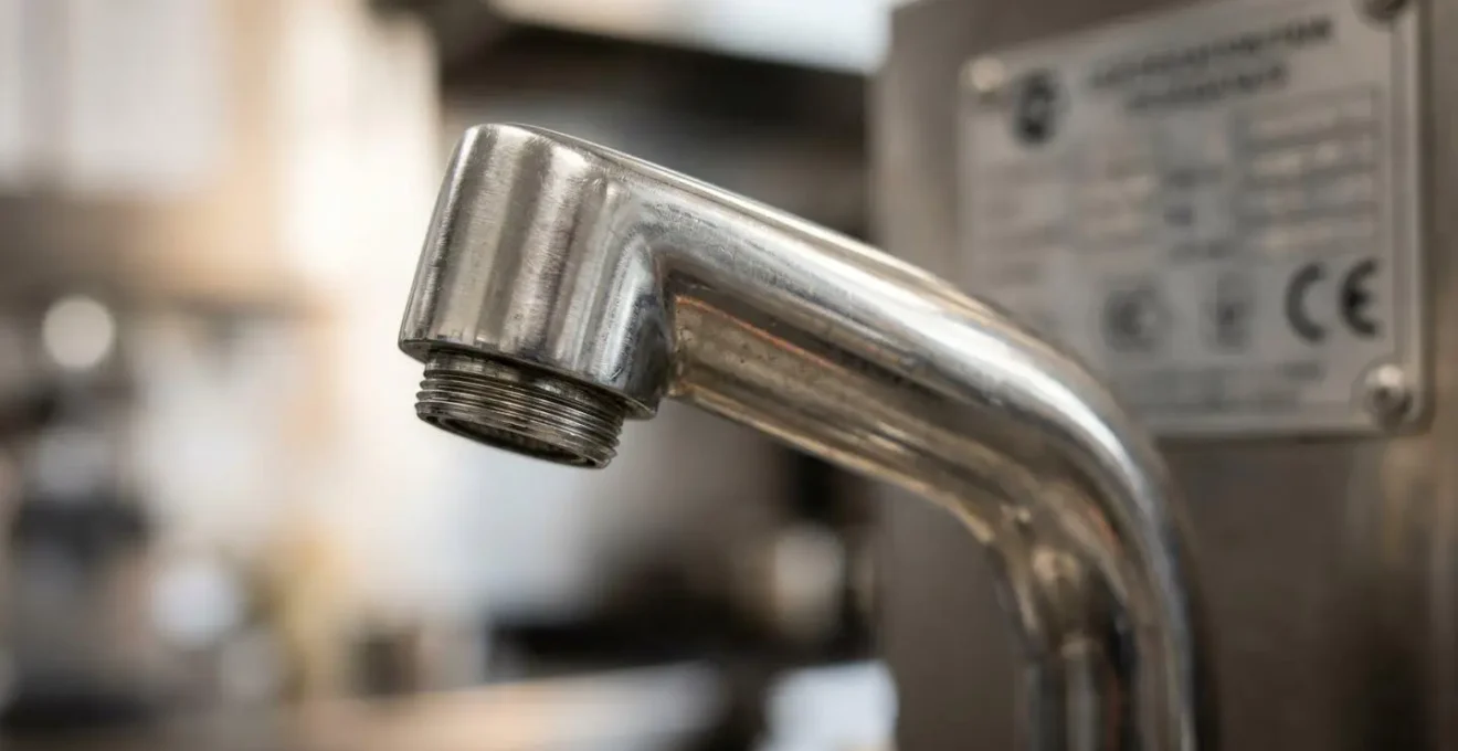 Gros plan sur un robinet en acier inoxydable avec détail d'une plaque de certification européenne floue en arrière-plan