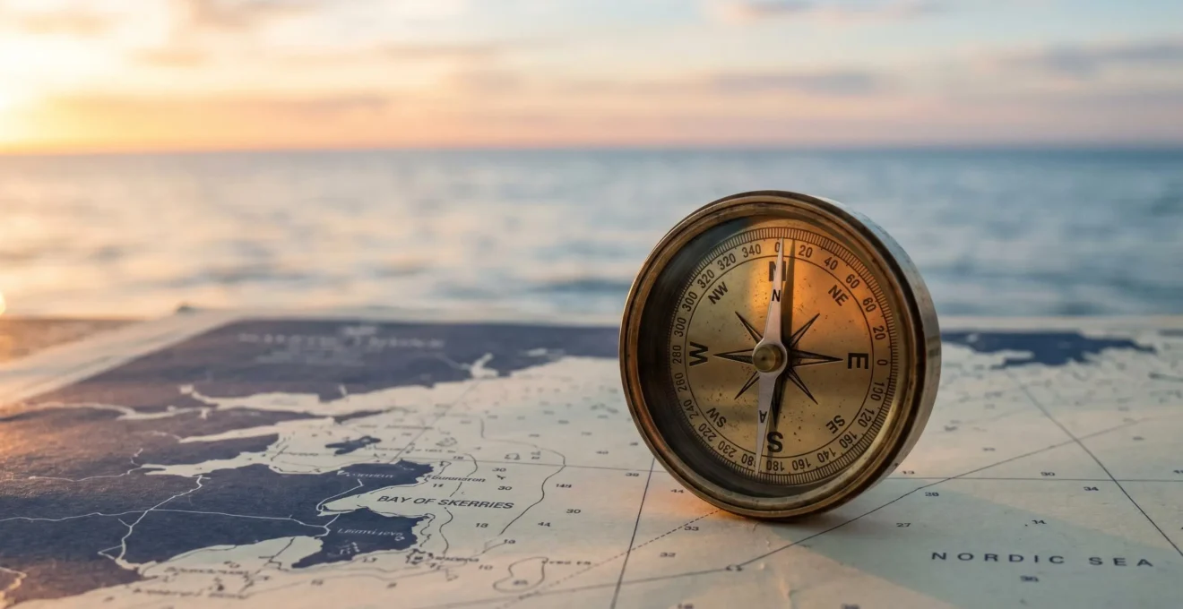 Boussole vintage en laiton posée sur une carte marine minimaliste au lever du soleil, symbolisant la prévisibilité et la navigation financière sécurisée