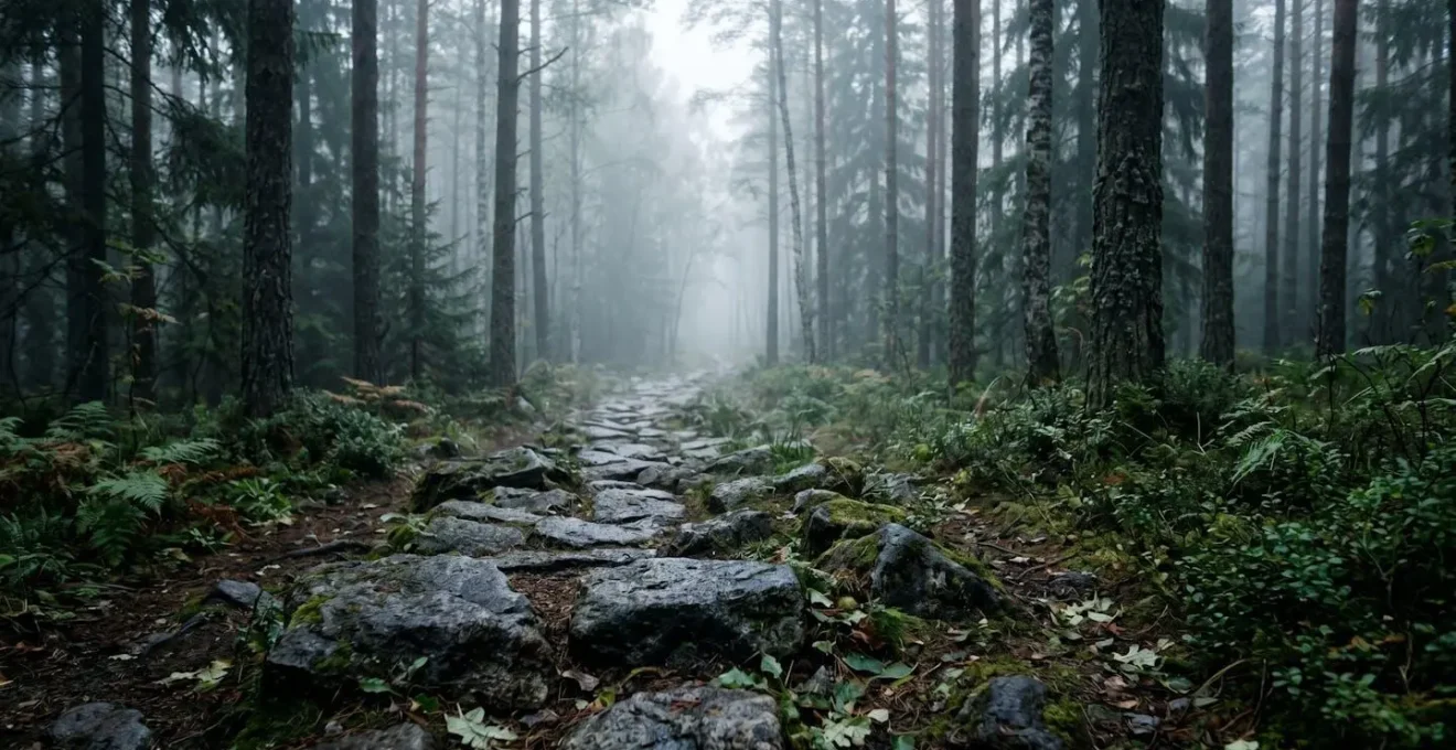 Chemin de pierre disparaissant progressivement dans la brume matinale d'une forêt, symbolisant les limites de la prévisibilité financière
