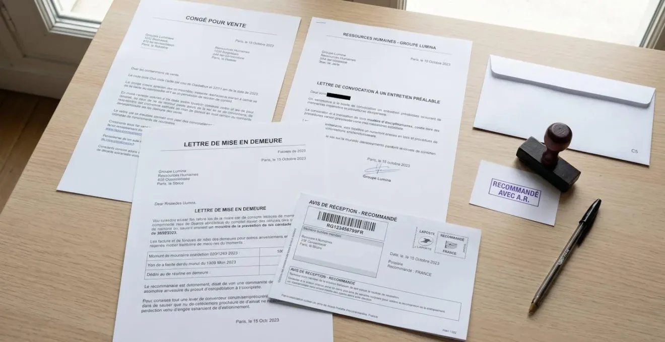 Composition de documents administratifs français professionnels (convocation RH, résiliation bail, mise en demeure) disposés sur un bureau avec tampon recommandé et stylo