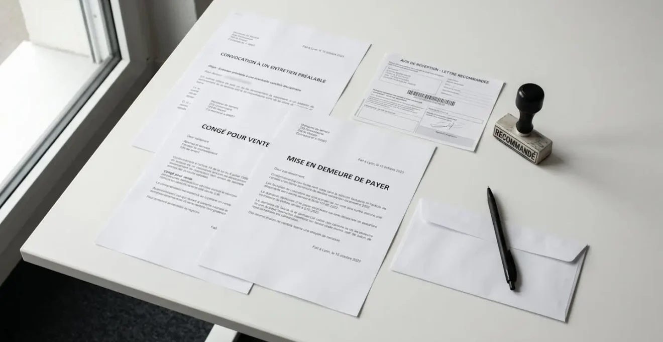 Composition de documents administratifs français professionnels (convocation RH, résiliation bail, mise en demeure) disposés sur un bureau avec tampon recommandé et stylo