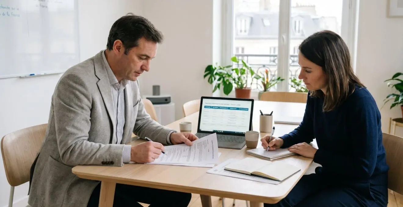 Deux professionnels français analysant ensemble des documents administratifs et un tableau comparatif sur tablette dans un bureau moderne lumineux