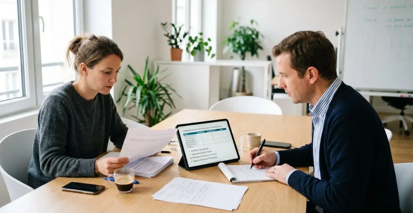 Deux professionnels français analysant ensemble des documents administratifs et un tableau comparatif sur tablette dans un bureau moderne lumineux