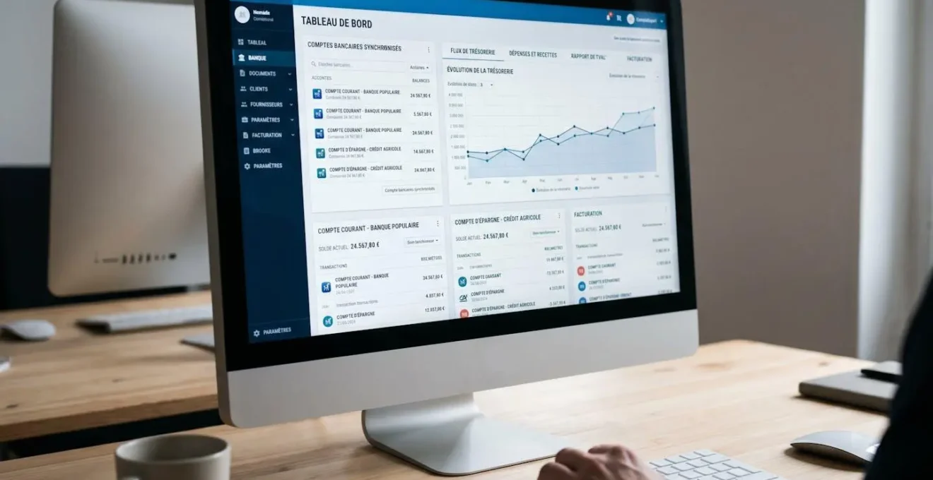 Écran d'ordinateur montrant interface en français de logiciel comptable avec plusieurs comptes bancaires synchronisés et graphiques de flux