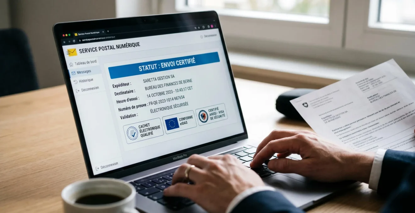 Écran d'ordinateur affichant une interface de lettre recommandée électronique qualifiée avec statut de certification, horodatage et badges de conformité eIDAS et ANSSI en français