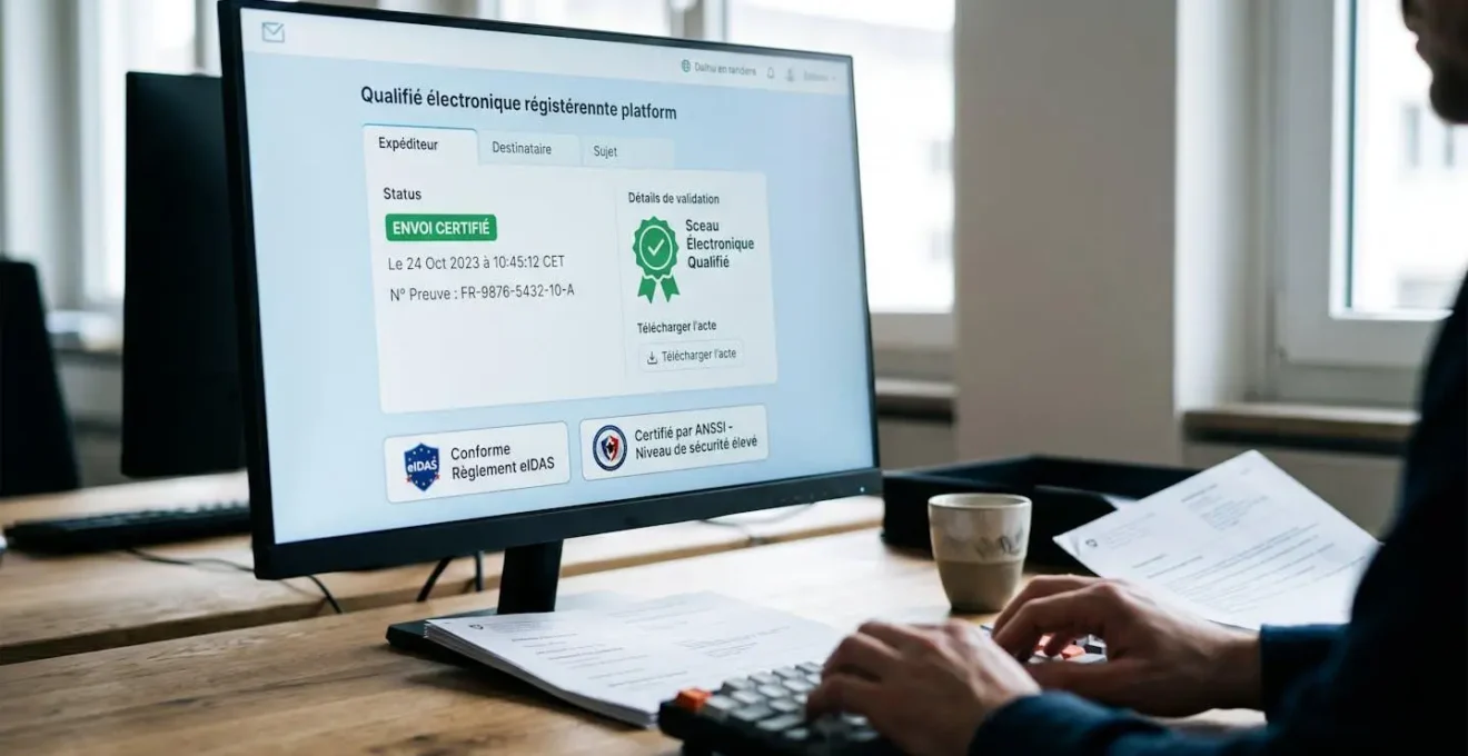 Écran d'ordinateur affichant une interface de lettre recommandée électronique qualifiée avec statut de certification, horodatage et badges de conformité eIDAS et ANSSI en français