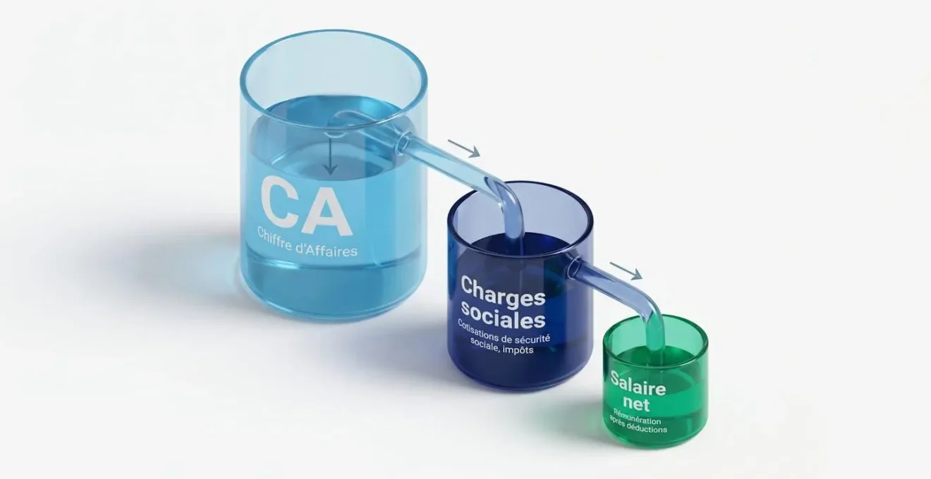 Illustration isométrique de trois réservoirs communicants montrant la transformation du chiffre d'affaires en salaire net via charges sociales et cotisations en portage salarial