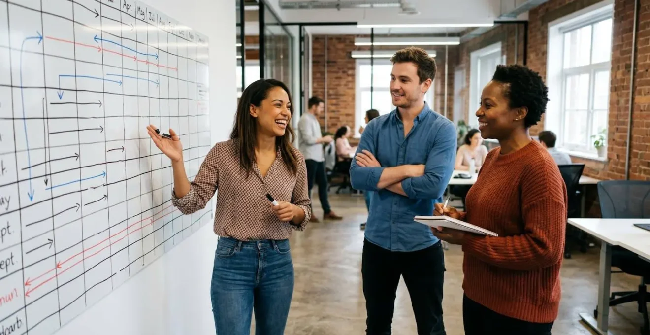 Équipe marketing debout devant un tableau de planification multicanale, discussion sur les formats vidéo LinkedIn et Instagram