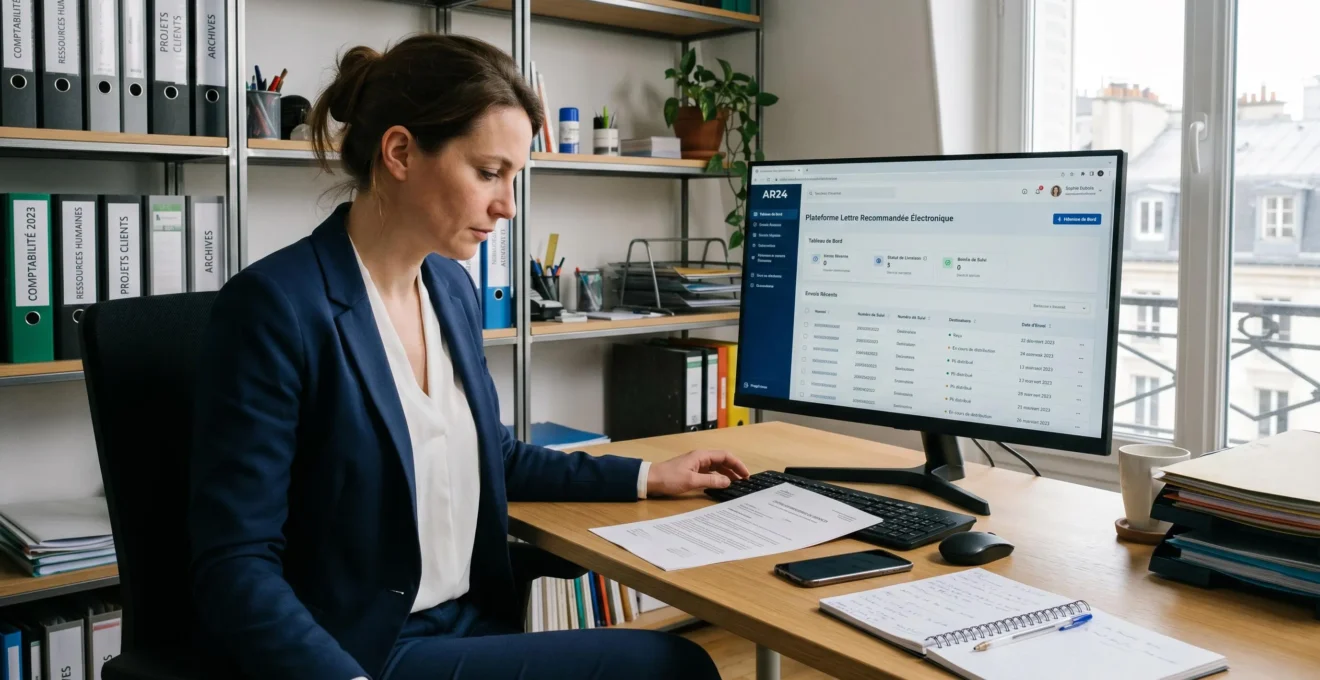 Responsable administrative française consultant une interface de lettre recommandée électronique sur son ordinateur dans un bureau moderne avec documents officiels et classeurs en arrière-plan