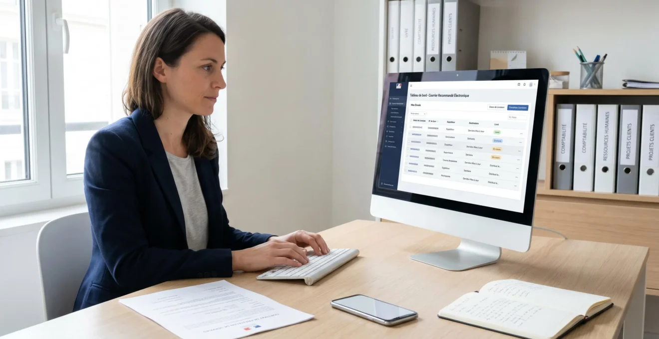 Responsable administrative française consultant une interface de lettre recommandée électronique sur son ordinateur dans un bureau moderne avec documents officiels et classeurs en arrière-plan