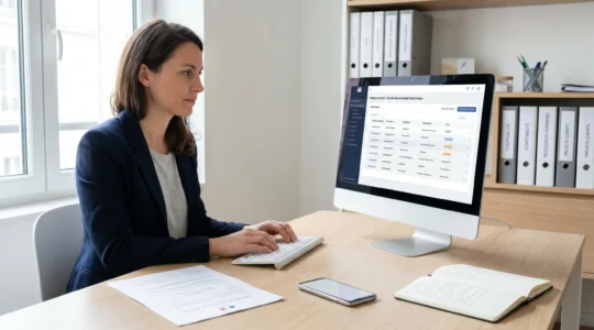 Responsable administrative française consultant une interface de lettre recommandée électronique sur son ordinateur dans un bureau moderne avec documents officiels et classeurs en arrière-plan
