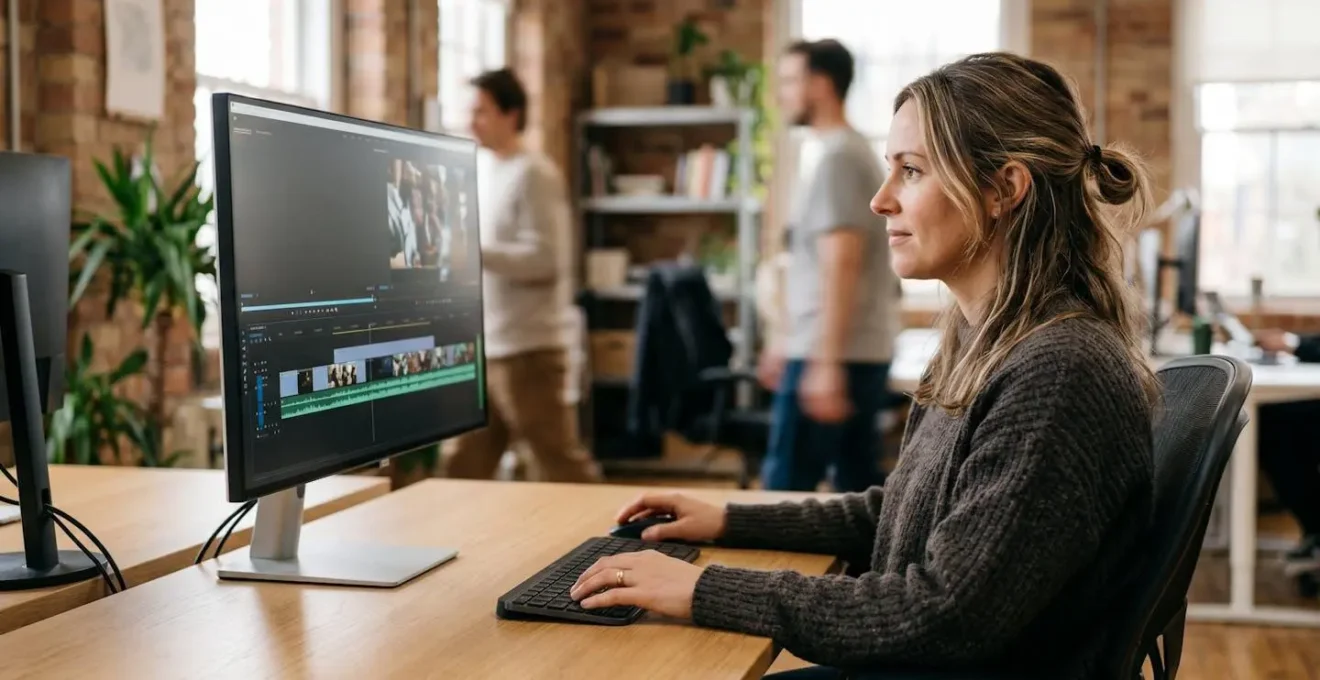 Responsable marketing observant la génération automatique d'une vidéo professionnelle sur son écran depuis un article de blog