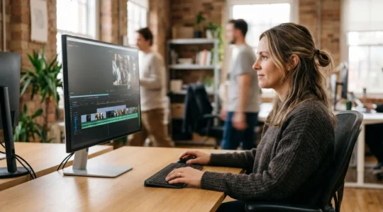 Responsable marketing observant la génération automatique d'une vidéo professionnelle sur son écran depuis un article de blog