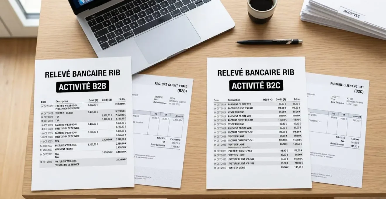 Vue aérienne de deux relevés d'identité bancaire étiquetés 'Activité B2B' et 'Activité B2C' avec factures correspondantes sur bureau blanc