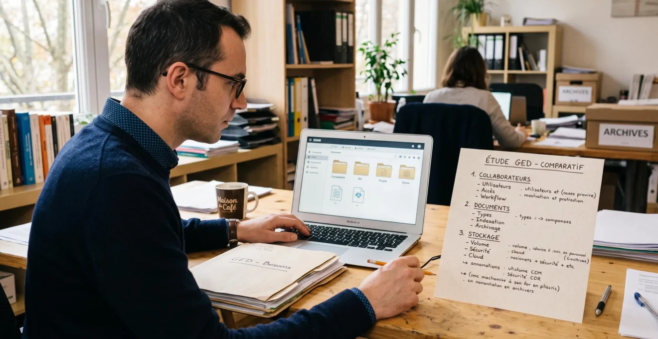 Responsable examinant une grille de besoins GED et les capacités de stockage sur son poste de travail
