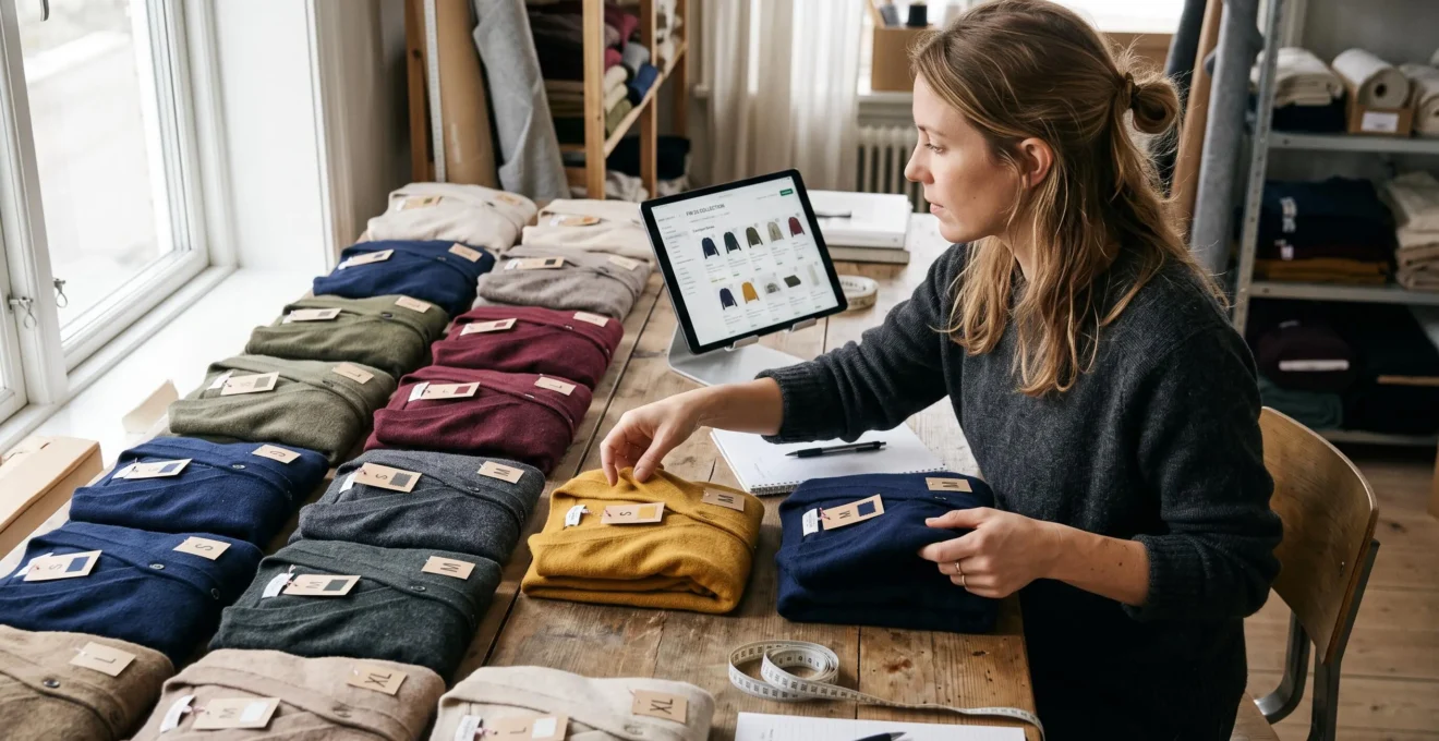 Une gestionnaire de catalogue classe des échantillons de vêtements par taille et couleur.