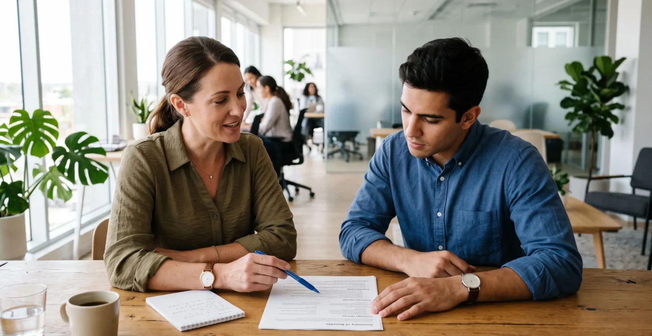 Une responsable RH explique un tableau de garanties de mutuelle à une salariée.